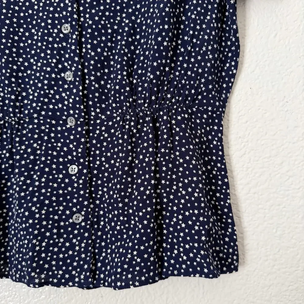 J Crew Button-up Peplum Top Star Print navy blue white short sleeve J1463